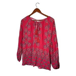 Sundance Red Geometric Floral Boho Peasant Blouse Fall  Long Sleeve Tie Neck